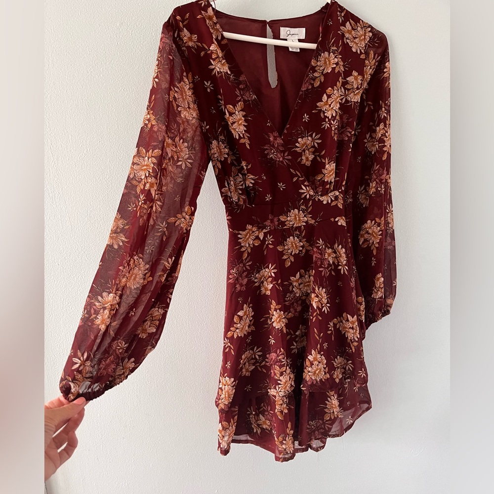 Japna | Long Sleeve Mini Chiffon Floral Flouncy Tiered Fall Dress | Boho Casual